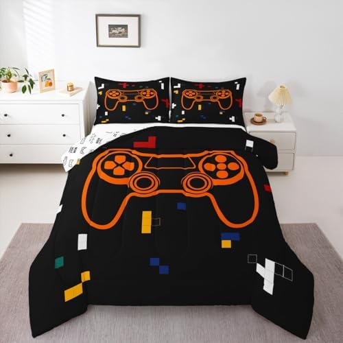 Feelyou Kids Gamer Bedding Set Toddler Size, Geometric Gaming Comforter Game Comforter Set Boys Girls Gamepad Teens Duvet Set Bedroom Decor with 1 Pillow Case