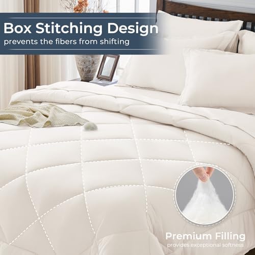 HEVUMYI 7-Piece Queen Comforter Set, Ivory Bed in a Bag