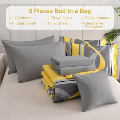 Anibedding Yellow Comforter Set California King Size,8 Pieces Bed in a Bag Patchwork Striped Bedding Sets,Boho Soft Microfiber Bedding Set for All Season(104"×96")
