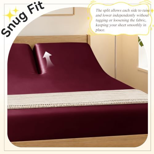 RUDONG M Split Top King Fitted Sheet Only for Adjustable Beds, Burgundy