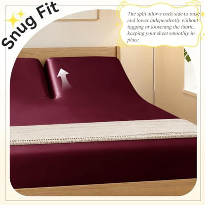 RUDONG M Split Top King Fitted Sheet Only for Adjustable Beds, Burgundy