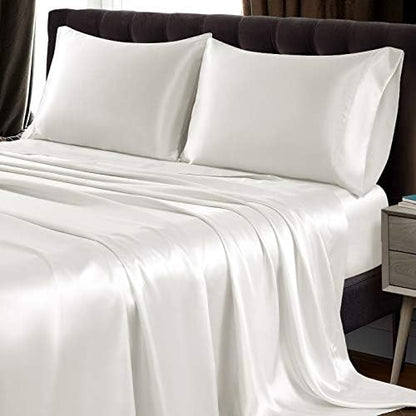 SiinvdaBZX 4Pcs Extra Deep Pocket Satin Sheet Set Queen Size, Ivory White