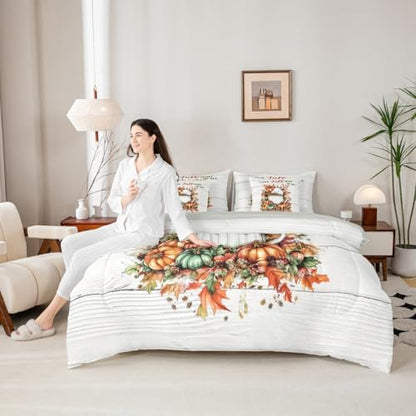 Erosebridal Autumn Rustic Farmhouse Twin Comforter Set 7 Piece Fall Rabbit Pumpkin Print Bed in A Bag with Sheets for Kids Boys Girls Adultsmaple Leaf Print Bedding Set Retro Bed Set