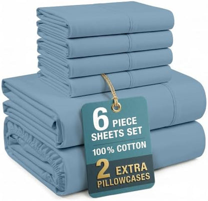 Casa Platino Sheet Set Split King Size – 100% Cotton Bed Sheets Split King with 4 Pillowcases, Ultra Soft & Cozy, with 15" Deep Pocket Fitted Sheet, Perfect Everyday Sheets – Blue Heaven