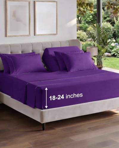 Extra Deep Flex Top Split Head King Sheet Set - 6pc Cooling Sheets - Purple