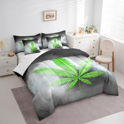 Erosebridal Leaves Comforter Set Leaf Bed in A Bag Full Size 7 Pieces Botanical Plant Bed Set Room Decor Grey Grunge Style Bedding with Sheets