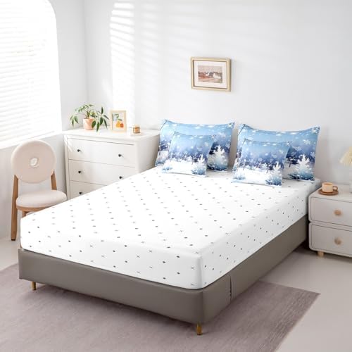 Erosebridal Cartoon Winter 7 Pcs Comforter Set King, Snowflakes Bedding for Children, Xmas Mystical Wonderland Starry Sky Night Bed in A Bag Sheet Set, Blue New Year Holiday Shiny Coniferous Quilt