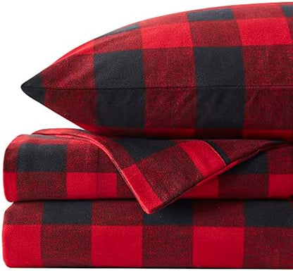 Flannel Sheets Warm and Cozy Deep Pocket Breathable All Season Bedding Set with Fitted, Flat and Pillowcases, Queen, Buffalo Check Plaid Burgundy