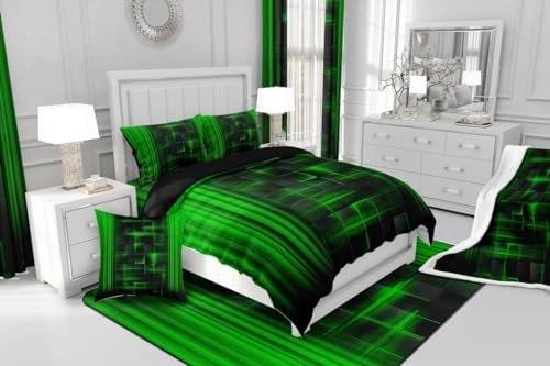 Feelyou Kids Green and Black Comforter Set Ombre Bedding Set King Size for Boys Girls Teens Bedroom Decor Ombre Effects Comforter Square Strip Lines Duvet Set with 2 Pillow Case