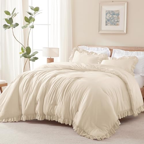 Andency Oversized King Comforter Set,3 Pieces Beige Ruffle Bedding Set