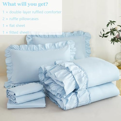 ANGIYUIN 5 Pieces Light Blue Full Bed in A Bag for Girls Ruffle Bedding Sets Farmhouse Fluffy Comforter Set Soft Lightweight Bed Sets for Women Girls(Light Blue Full)