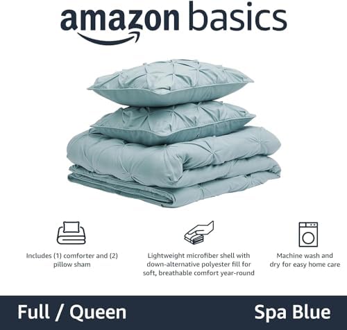 Amazon Basics 3-Piece Soft, Lightweight All-Season Down-Alternative Comforter Bedding Set, Pinch Pleat Design with Piped Edges, Full/Queen, Spa Blue