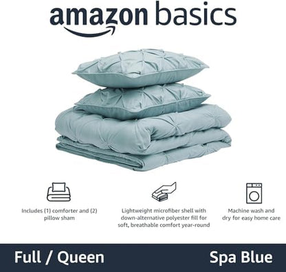 Amazon Basics 3-Piece Soft, Lightweight All-Season Down-Alternative Comforter Bedding Set, Pinch Pleat Design with Piped Edges, Full/Queen, Spa Blue