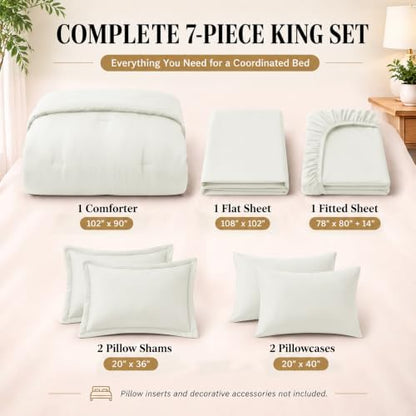 CozyLux King Size Comforter Set Ivory, 7 Pieces Bed in a Bag