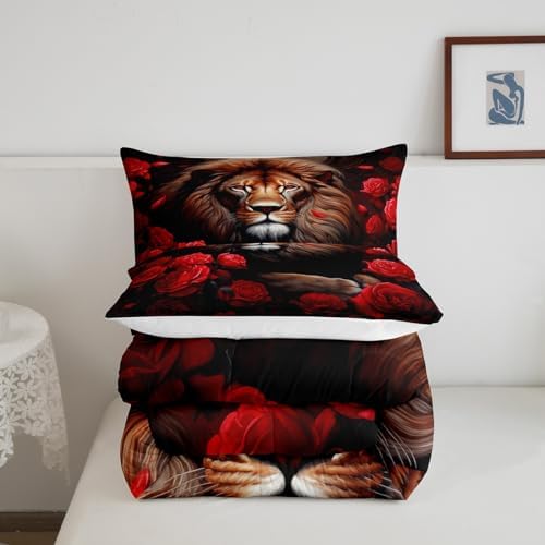 Lion Rose Bedding Set Full Size,Tropical African Animal Comforter Set for Kids Teens Adults Room Decor,Wildlife Floral Nature Theme Duvet Insert 3Pcs,Red Flower Fierce Lion Quilt Set,2 Pillowcases