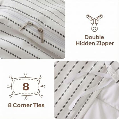 Bedbay Cotton Striped Duvet Cover Set Queen Size, Black White Stripe Bedding Set, 100% Cotton Sateen,Soft Breathable Hotel Style Minimal Comforter Cover with Zipper Closure & Corner Ties
