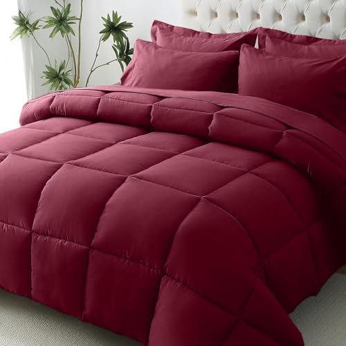 JOLLYVOGUE Twin Comforter Set, Ultra-Soft Bed in a Bag Twin Size 5 Pieces, Oeko-TEX Certified Bedding Set with Down Alternative Comforter, Sheets, Pillowcases & Shams, Burgundy
