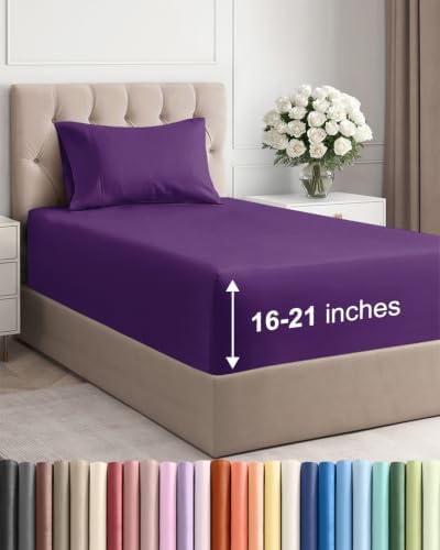 Extra Deep Pocket Twin XL Size Sheet Set - Breathable & Cooling - Purple