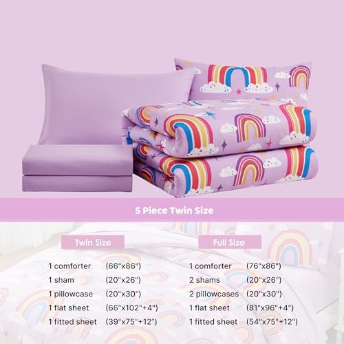 Twin Comforter Set for Girls - 5 Pieces Purple Rainbow Twin Bedding Sets