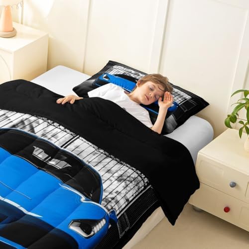 Feelyou Boys Blue Race Car Comforter Set Toddler Size Blue Luxury Car Bedding Set for Kids Boys Girls Extreme Sports Duvet Quilt Fast and Furious Bedroom Decor 2 Pcs with 1 Pillow Cases