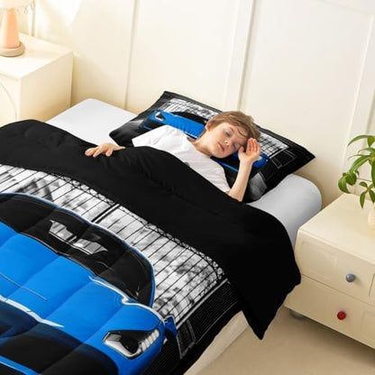 Feelyou Boys Blue Race Car Comforter Set Toddler Size Blue Luxury Car Bedding Set for Kids Boys Girls Extreme Sports Duvet Quilt Fast and Furious Bedroom Decor 2 Pcs with 1 Pillow Cases