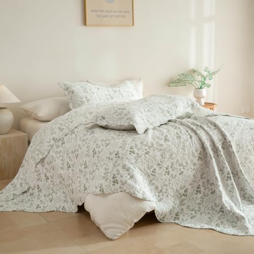 Lady Ann Oversized King Quilt Bedspreads 128x120, 3 Pcs Cotton California King Size Quilted Bedding Set, Cottagecore Green Leaves Pattern Plant Botanical Printed Quilted Coverlet Set