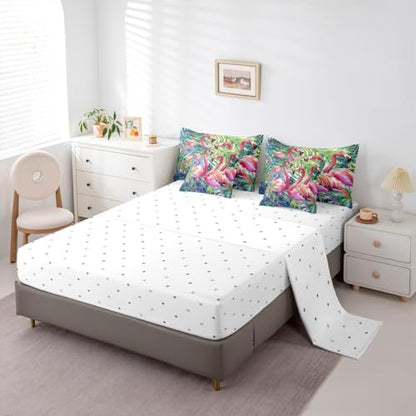 Erosebridal Flamingo King Comforter Set with Sheets 7 Piece Tropical Leaves Bed in A Bag Palm Tree Comforter Sets,Bird Romantic Bed Set