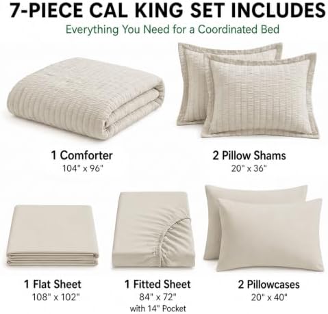 HIMEET California King Comforter Set, 7-Piece Seersucker Bed in a Bag Beige