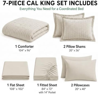 HIMEET California King Comforter Set, 7-Piece Seersucker Bed in a Bag Beige
