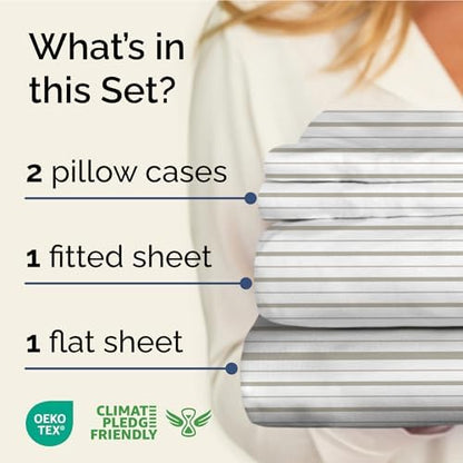King 4 Piece Striped Sheet Set - Soft, Breathable & Cooling - Double Gray