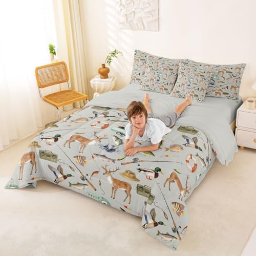 Erosebridal Hunting and Fishing Queen Comforter Set 7 Piece Mallard Duck Deer Hunting Comforter Set Bass Fish Camper Car Bedding Sets for Boys Girls Rustic Cabin Wild Gray Sheet Set with Comforter