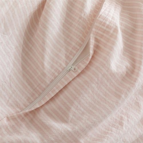 JIYUAN King Washed Cotton Duvet Cover Set, 3-Piece, Linen-Like Pinstripe