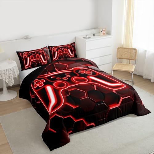 Erosebridal Gaming Comforter Set Neon Honeycomb Gamer Girl Toddler Bedding Set, Video Game Consoles Comforter Red Hexagon Lights Quilt,Kids Bedroom Decor
