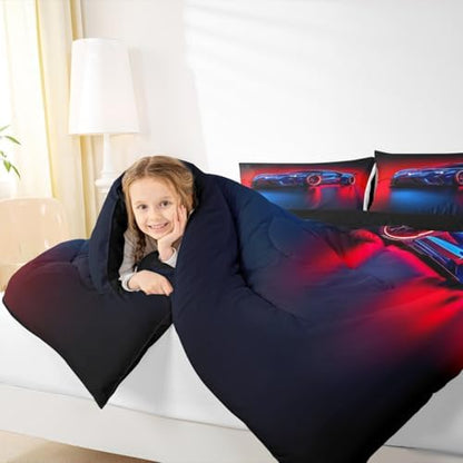 Erosebridal Kid Comforter Set - King Size,Racing Car Bedding Set for Boys & Girls,Blue Race Cars Quilt Bed Set with 1 Comforter 2 Pillowcases,Black Red & Blue,Breathable and Soft