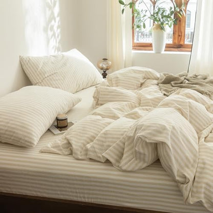 FOSSA Striped Duvet Cover Set 100% Washed Cotton Linen Feel Super Queen