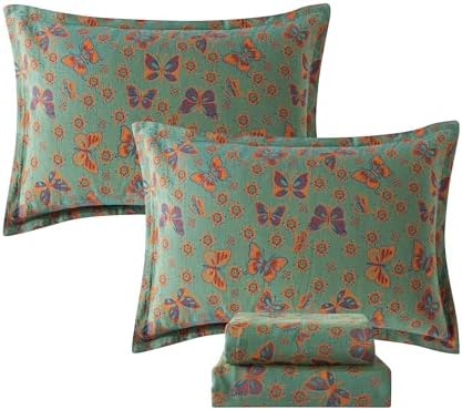 FADFAY Butterfly Sheets Set King Vintage Green Red Floral Bedding Shabby Farmhouse Bedding Super Soft Washed Double -Layer Muslin Sheets 100% Cotton Deep Pocket Fitted Sheet 4Pcs, King Size