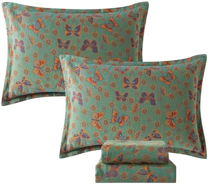 FADFAY Butterfly Sheets Set King Vintage Green Red Floral Bedding Shabby Farmhouse Bedding Super Soft Washed Double -Layer Muslin Sheets 100% Cotton Deep Pocket Fitted Sheet 4Pcs, King Size