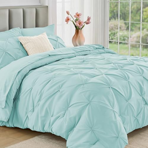 JOLLYVOGUE Queen Comforter Set 7 Pieces - Bed in a Bag Queen for All Season, Pintuck Bedding Comforter Sets with Comforter, Flat Sheet, Fitted Sheet and Pillowcases & Shams, Lake Blue