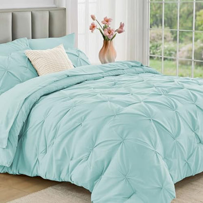 JOLLYVOGUE Queen Comforter Set 7 Pieces - Bed in a Bag Queen for All Season, Pintuck Bedding Comforter Sets with Comforter, Flat Sheet, Fitted Sheet and Pillowcases & Shams, Lake Blue
