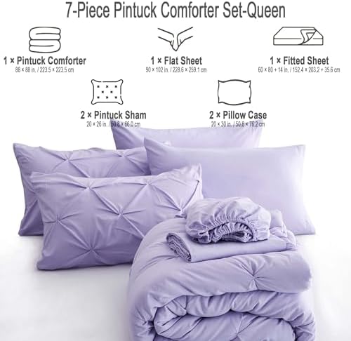 Ubauba Light Purple Queen Size Comforter Set - Bed in a Bag Queen 7 Pieces, Pintuck Beddding Sets Lavender Bed in a Bag with Comforter, Sheets, Pillowcases & Shams, Queen Size