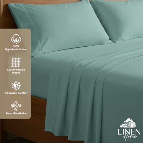 Linen Home 100% Cotton Percale Sheets California King Size, Aqua Blue, Deep Pocket, 6 Pieces Set- 1 Flat, 1 Fitted and 4 Pillowcases, Crisp Cool and Long Staple Strong Bed Linen
