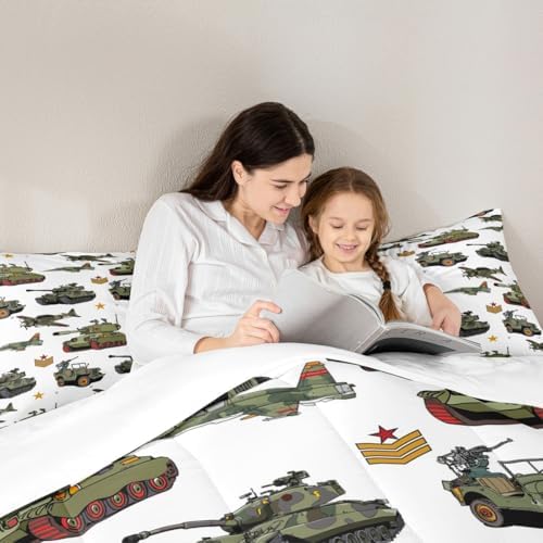 Manfei War Theme Comforter Set Twin Size, Aircraft Tanks Bedding Set 2pcs for Kids Boys Bedroom Decor, Retro Army Green Airplane Tanks Down Comforter Soft Polyester Quilt Set with 1 Pillowcase