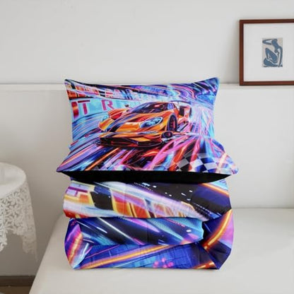 Erosebridal Orange Racing Car 3 Piece Bedding Set King Size Extreme Sport Comforter Set with Pillowcases for Kids Boys Girls Teens Toddler Race Car Room Decor Black White Flag Bed Set,Orange Blue
