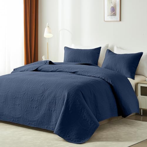 akkialla 118"x106" Navy California King Quilt Set, Oversized Floor-Length Bedspread, Modern Coin Pattern Microfiber Coverlet, 3-Piece All Season Bedding with 2 Pillow Shams