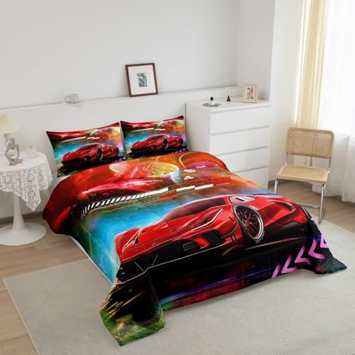 Feelyou Red Race Car Bedding Set - Twin Size Kids Boys Extreme Sports Car Comforter Set Decorations Teens Toddler Galaxy Planet Duvet Set Cool Modern Quilt Set 2Pcs
