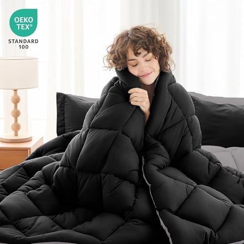 MUXHOMO 7 Pieces King Comforter Set, Reversible Bed in a Bag King Size, All Season Bedding Set with Comforter, Flat Sheet, Fitted Sheet, Pillowcases & Shams, Black & Soot