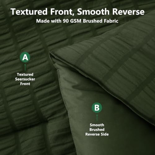 HIMEET Queen Comforter Set, 7-Piece Seersucker Bed in a Bag, Olive Green