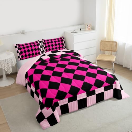 Feelyou Checkered Geometric Comforter Set All Season Rose Pink Plaid Bedding Set with 1 Pillow Cases Checkerboard Modern Aesthetic Kids Twin Bedclothes Reversible Pink Bedroom Decor Duvet Quilt