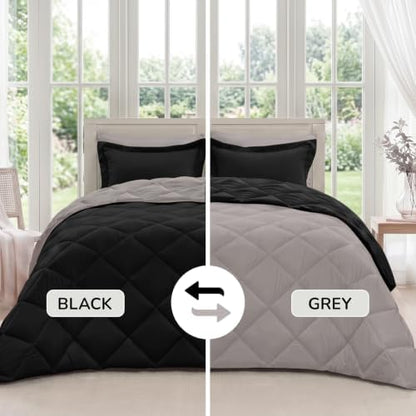 downluxe King Comforter Set Soft Reversible 7 Pieces, Black/Grey