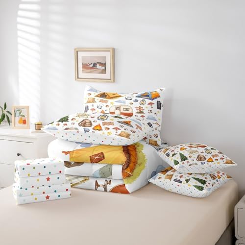Erosebridal Kids Camping Full Comforter Set with Sheets 7 Piece Camper Bedding for Bunks,Rv Bed in A Bag Accessories for Travel Trailers,Campfire Pine Tree Bear Paws Woodland Adventure Bed Set